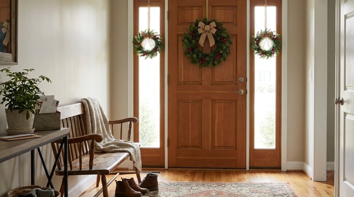 Mini Wreaths on Sidelights or Windows: christmas front door ideas idea