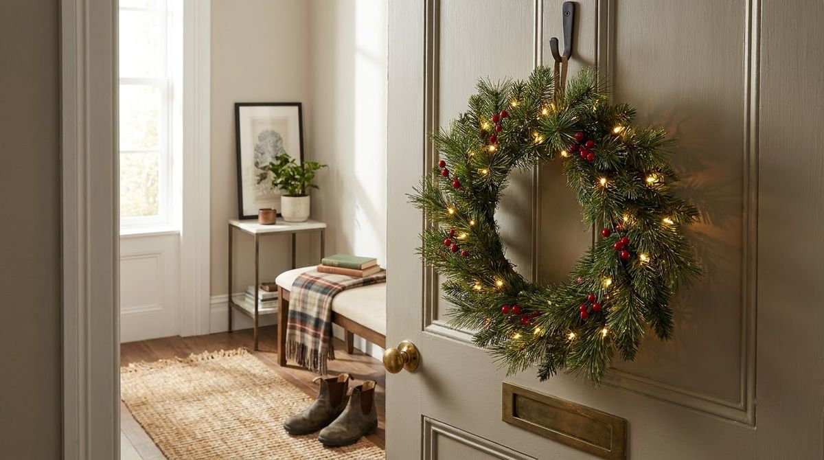 Pre-Lit Wreath on a Plug-Free Door: christmas front door ideas idea