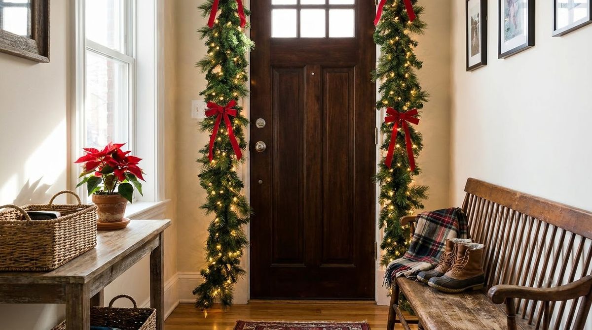 Garland and Lights Around the Door: christmas front door ideas