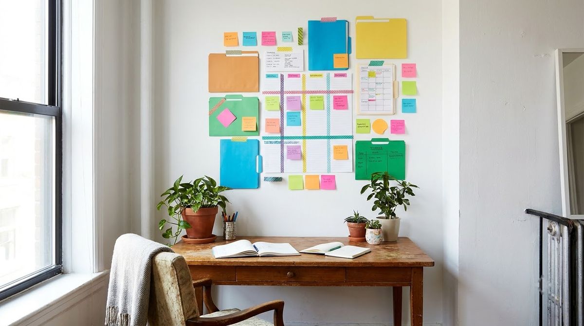 Folders and Sticky Notes as Wall Art: aesthetic dorm room ideas idea Folders and Sticky Notes as Wall Art: aesthetic dorm room ideas idea