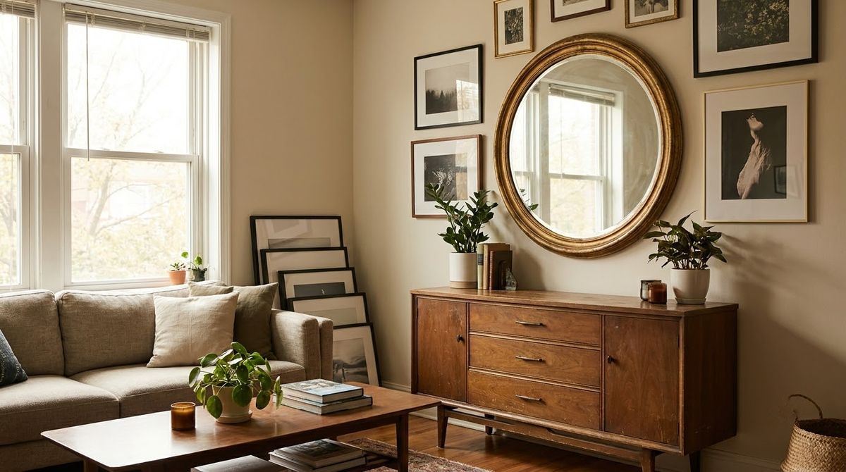 A Round Gold-Frame Mirror: aesthetic dorm room ideas idea A Round Gold-Frame Mirror: aesthetic dorm room ideas idea