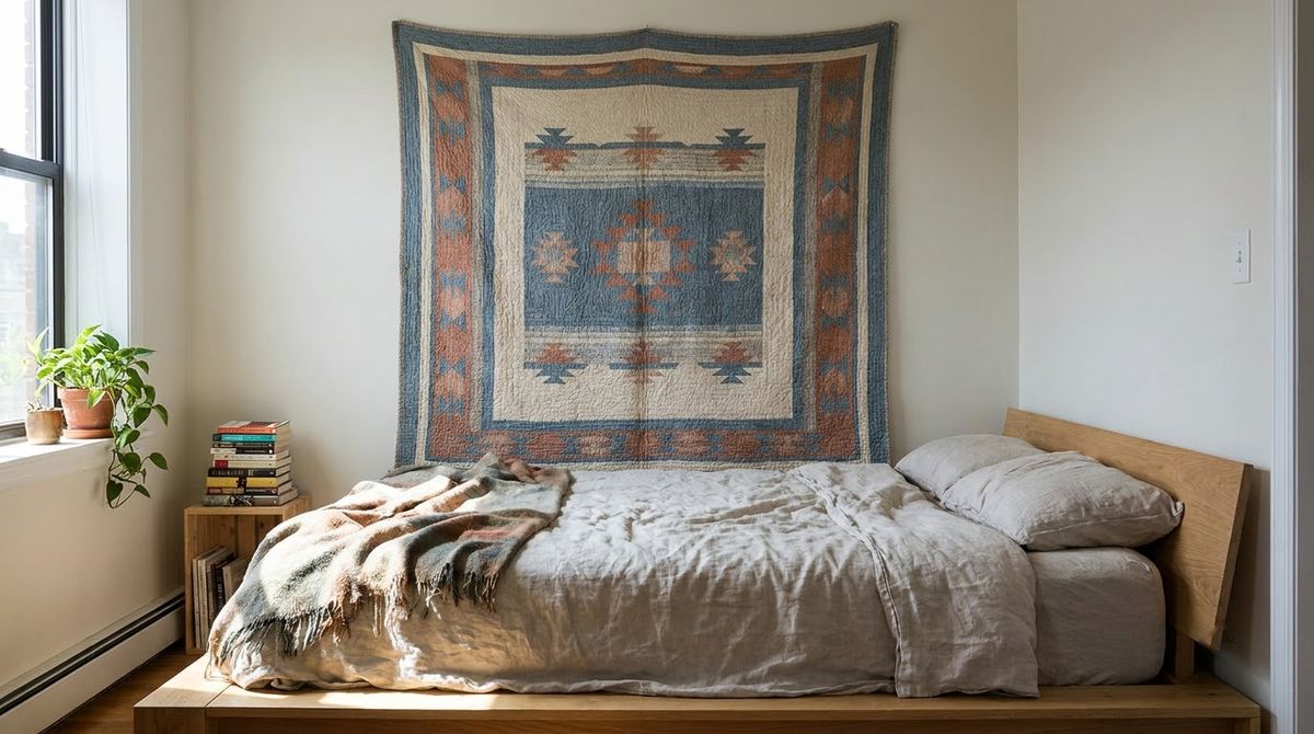 A Hung Wall Hanging or Quilt Behind the Bed: cozy bedroom ideas idea
