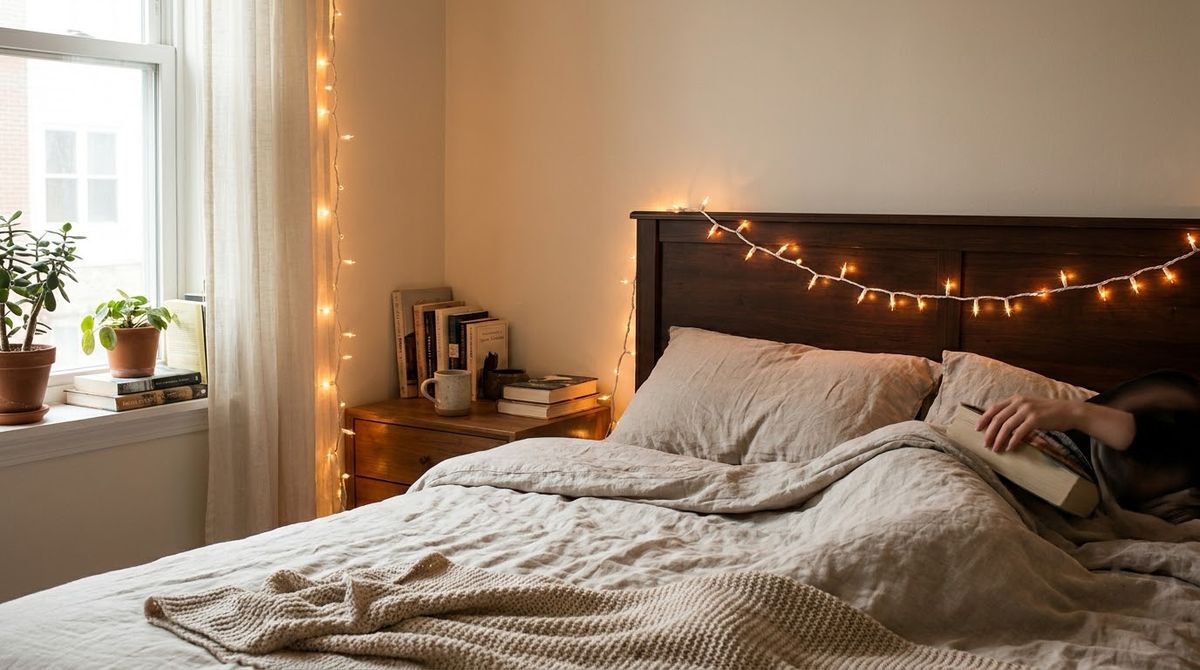 Warm Fairy Lights Behind the Headboard: cozy bedroom ideas idea