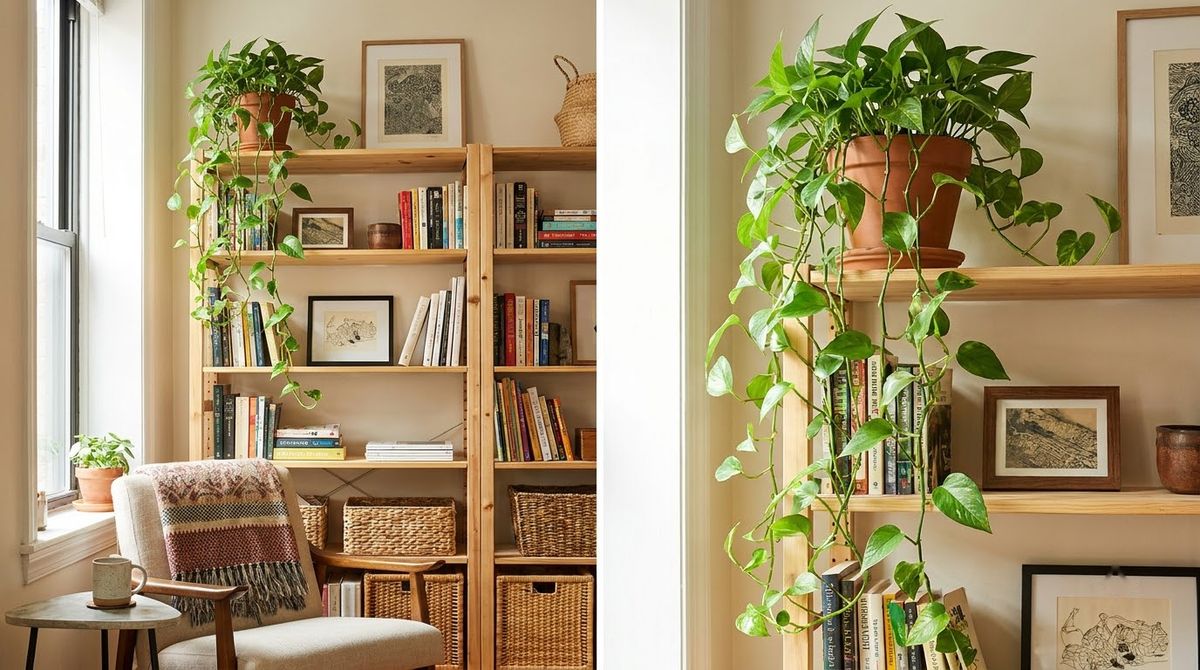 A Trailing Plant on the Highest Shelf: boho living room ideas idea