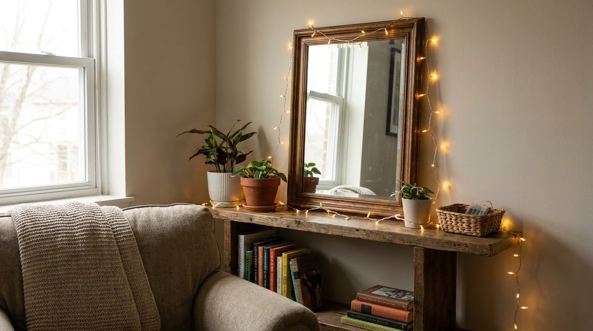 Fairy Lights on a Shelf or Mirror: boho living room ideas idea