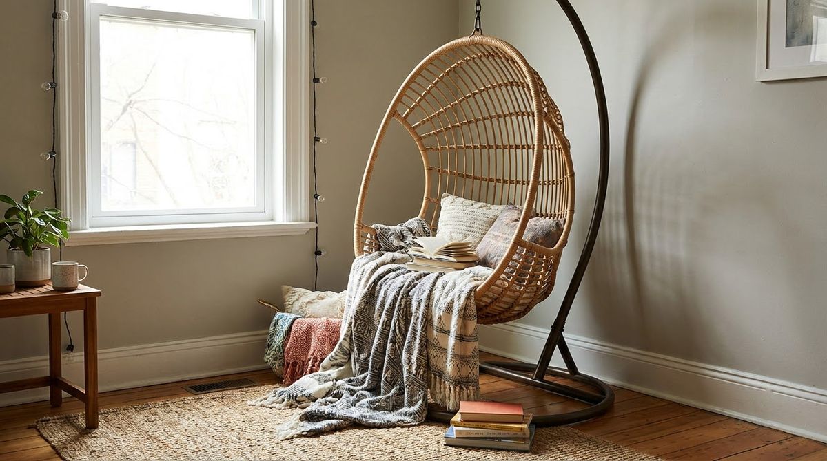 A Hanging Egg Chair for a Reading Corner: boho living room ideas idea