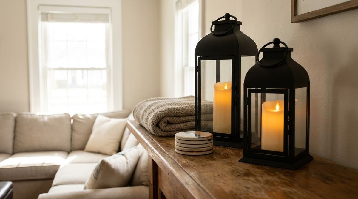 Lanterns and Pillar Candles: modern farmhouse living room ideas idea Lanterns and Pillar Candles: modern farmhouse living room ideas idea