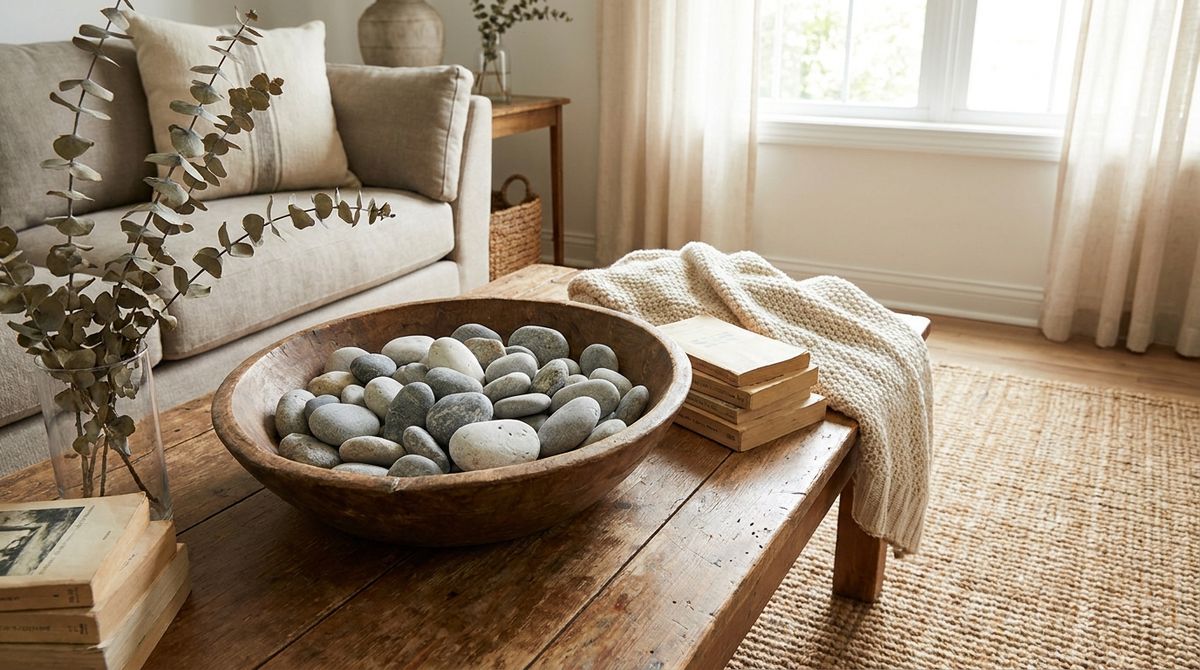 River Stones in a Wood Bowl: modern farmhouse living room ideas idea River Stones in a Wood Bowl: modern farmhouse living room ideas idea