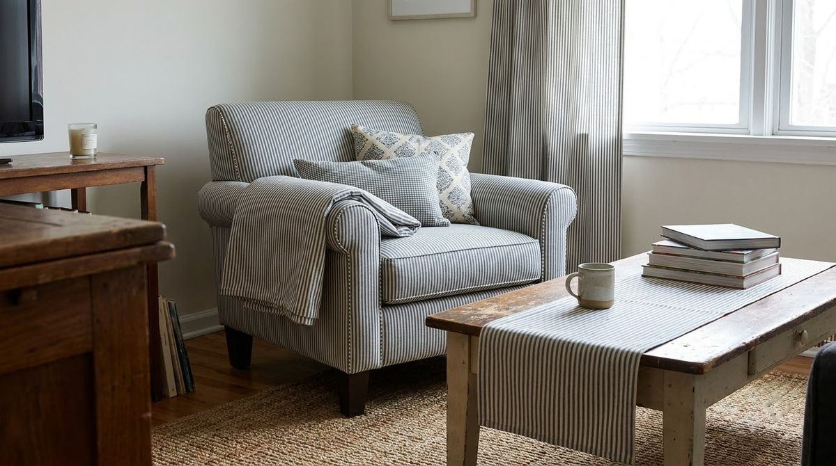 Ticking Stripe Accent: modern farmhouse living room ideas idea Ticking Stripe Accent: modern farmhouse living room ideas idea