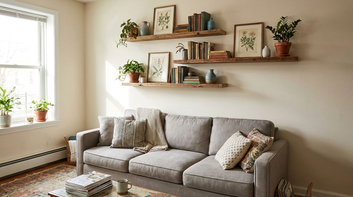 Floating Shelves Above the Sofa: modern farmhouse living room ideas idea Floating Shelves Above the Sofa: modern farmhouse living room ideas idea