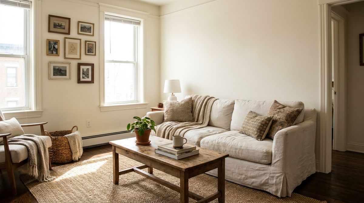 Warm White Walls With Wood Trim: modern farmhouse living room ideas idea Warm White Walls With Wood Trim: modern farmhouse living room ideas idea