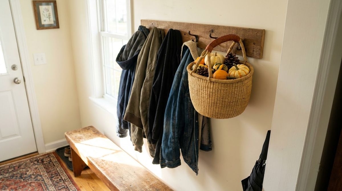 Hook Rail With a Basket of Gourds: fall decor ideas idea