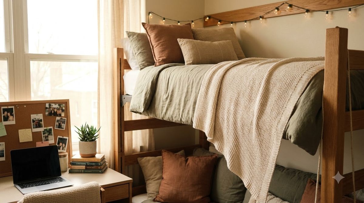 Dorm bed raised on risers with labeled storage bins underneath