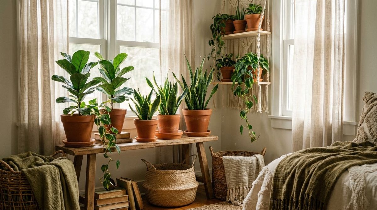 A console table styled with three plants of different heights in mixed pots