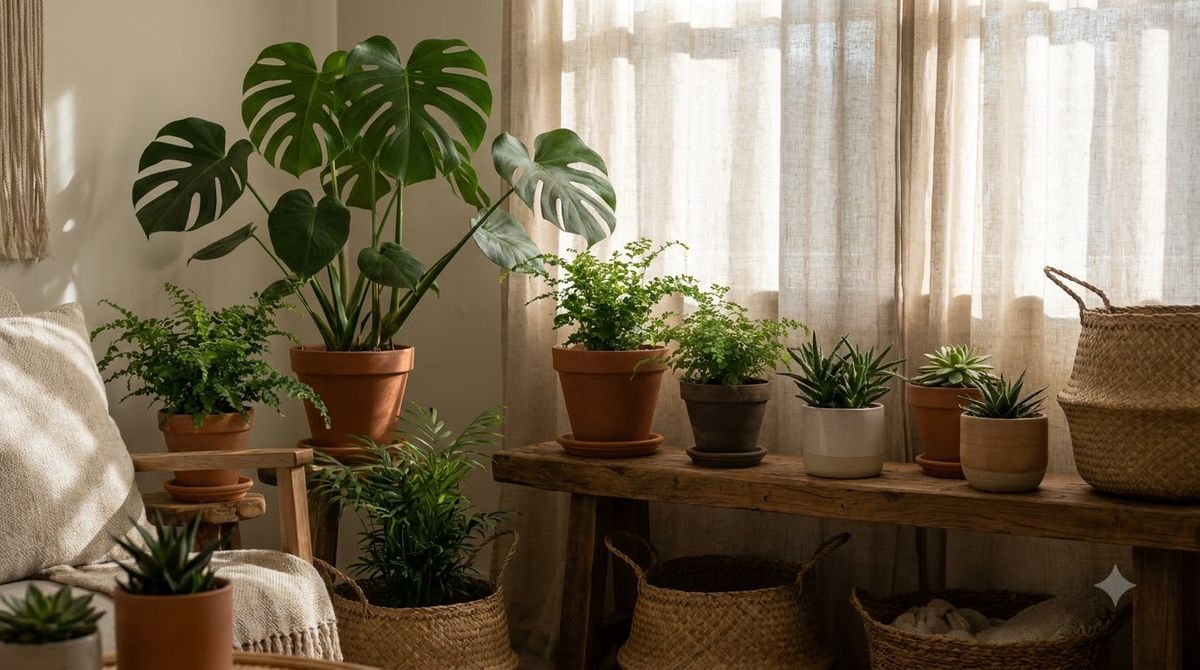 A large fiddle-leaf fig in a woven basket in a bright living room corner