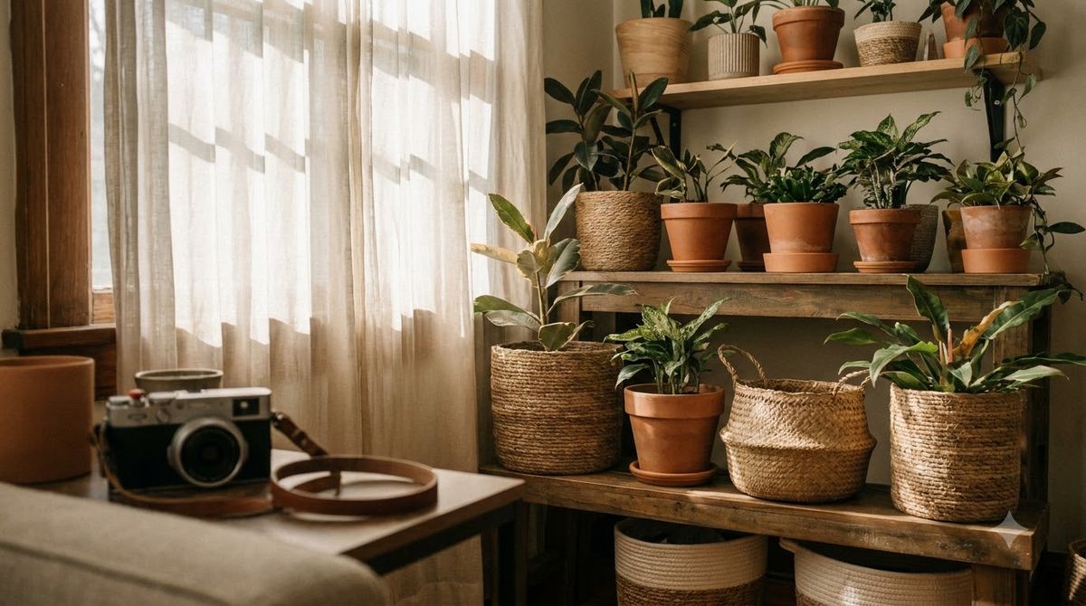 A styled bookshelf with a trailing pothos spilling over the edge among books