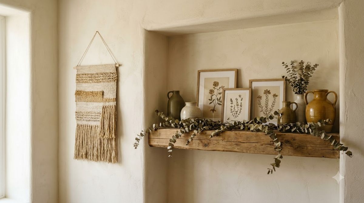 Two floating oak shelves styled with leaning framed art, stacked books, a small trailing plant, and a ceramic vase