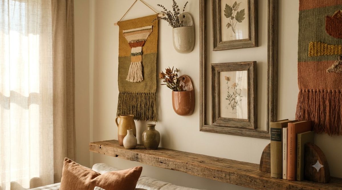 Kitchen floating shelves styled with stacked white plates, a small plant, and a leaning wood cutting board