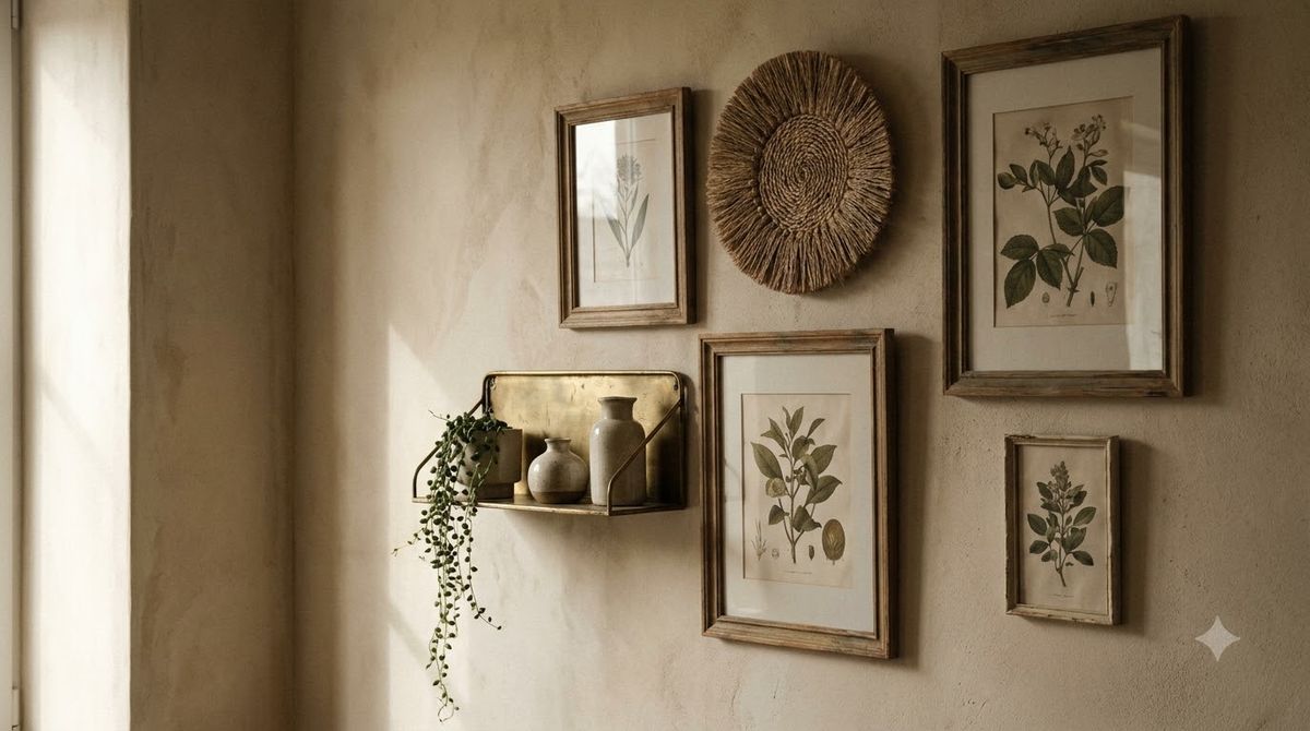 Hands marking a wall with a pencil and tape measure at 58 inches, framed print leaning nearby