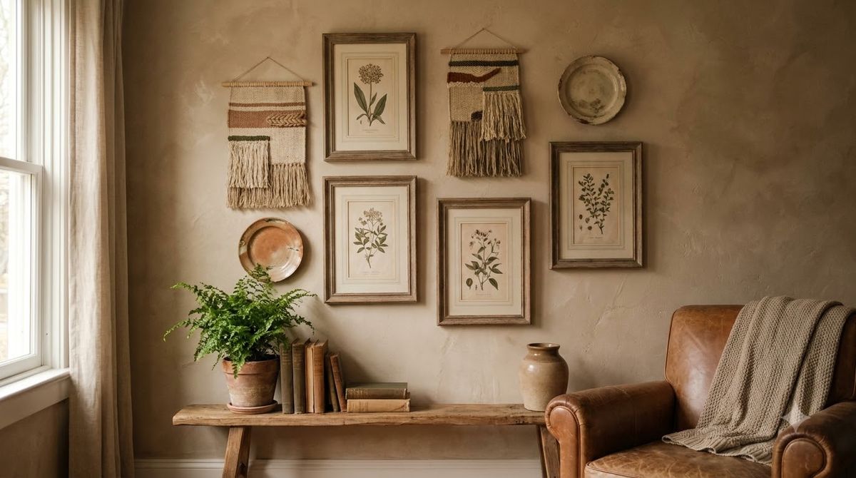 Framed art centered above an upholstered headboard with a 7-inch gap, neutral bedroom