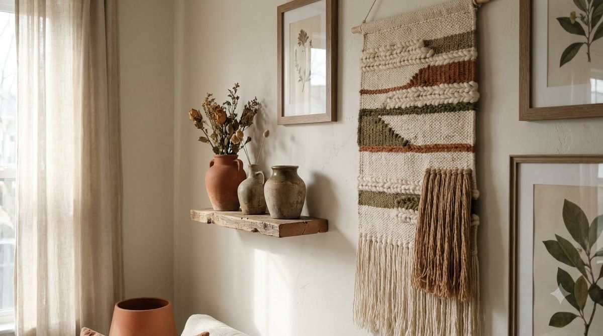 Grid of small printed photos arranged as a neat rectangle on a rental wall