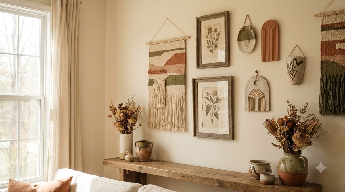 Rental living room wall styled with a mix of budget frames, a mirror, and greenery