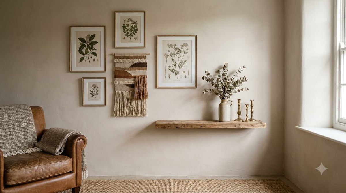 Wide living room wall with art centered over the sofa and a tall plant filling the flanking space Wide living room wall with art centered over the sofa and a tall plant filling the flanking space