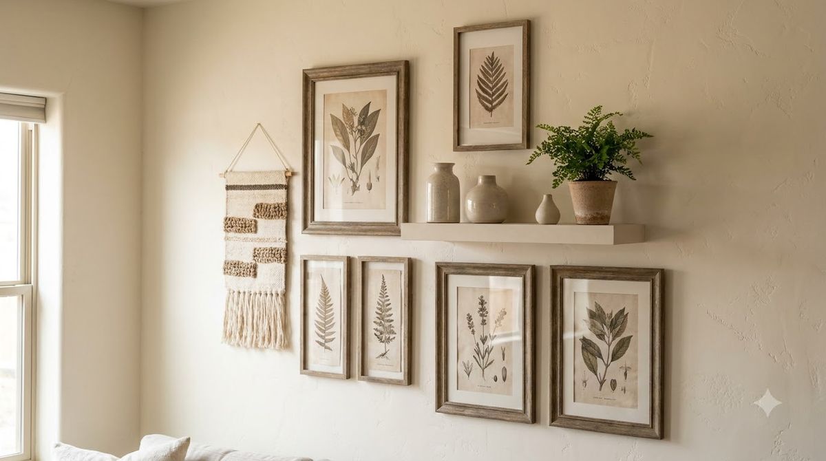 Overhead shot of frames arranged on a floor before hanging, painter's tape marking spacing