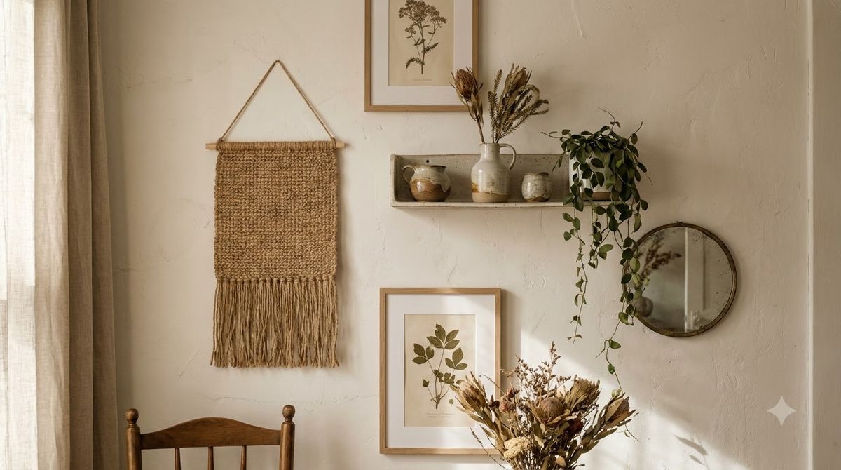 Picture ledge with overlapping leaned art prints and a small trailing plant
