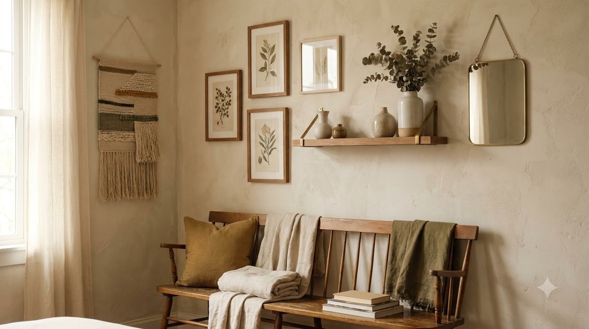 Mixed-frame gallery wall arranged as one tidy rectangle above a sofa