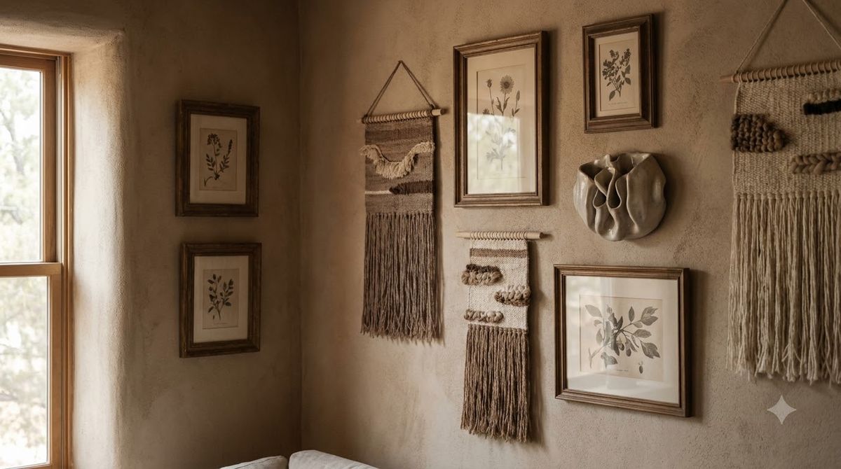 Kraft-paper frame templates taped to a wall in a rectangle arrangement before hanging