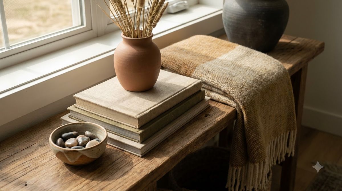 Calm neutral living room with negative space, one sculptural vase, linen sofa Calm neutral living room with negative space, one sculptural vase, linen sofa