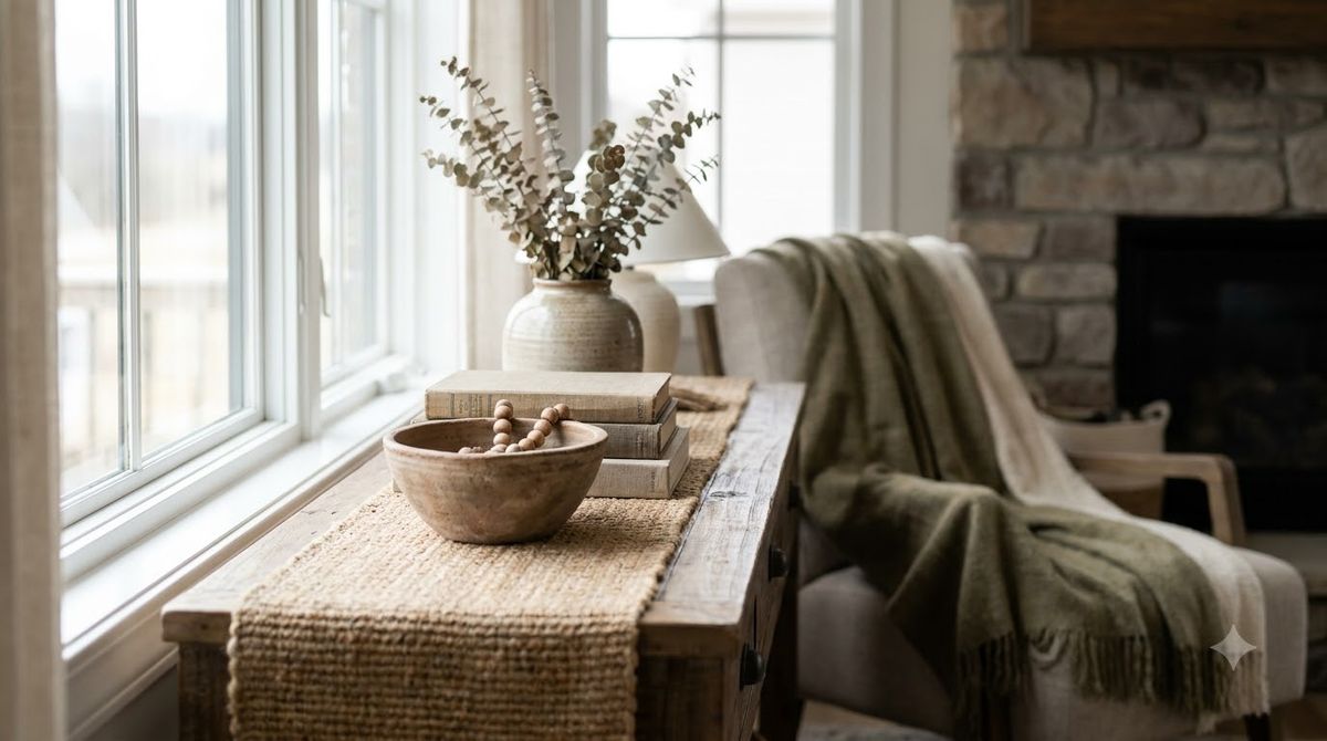 Neutral living room with a marble-look coffee table, velvet cushions, and a wool throw layered on a linen sofa Neutral living room with a marble-look coffee table, velvet cushions, and a wool throw layered on a linen sofa