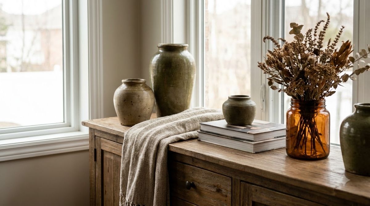 Close-up of a styled shelf with brass candlesticks, a marble-look tray, and a folded velvet throw in warm neutral tones Close-up of a styled shelf with brass candlesticks, a marble-look tray, and a folded velvet throw in warm neutral tones