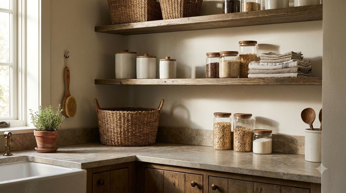 Kitchen cabinet with shelf risers and under-shelf baskets doubling storage levels