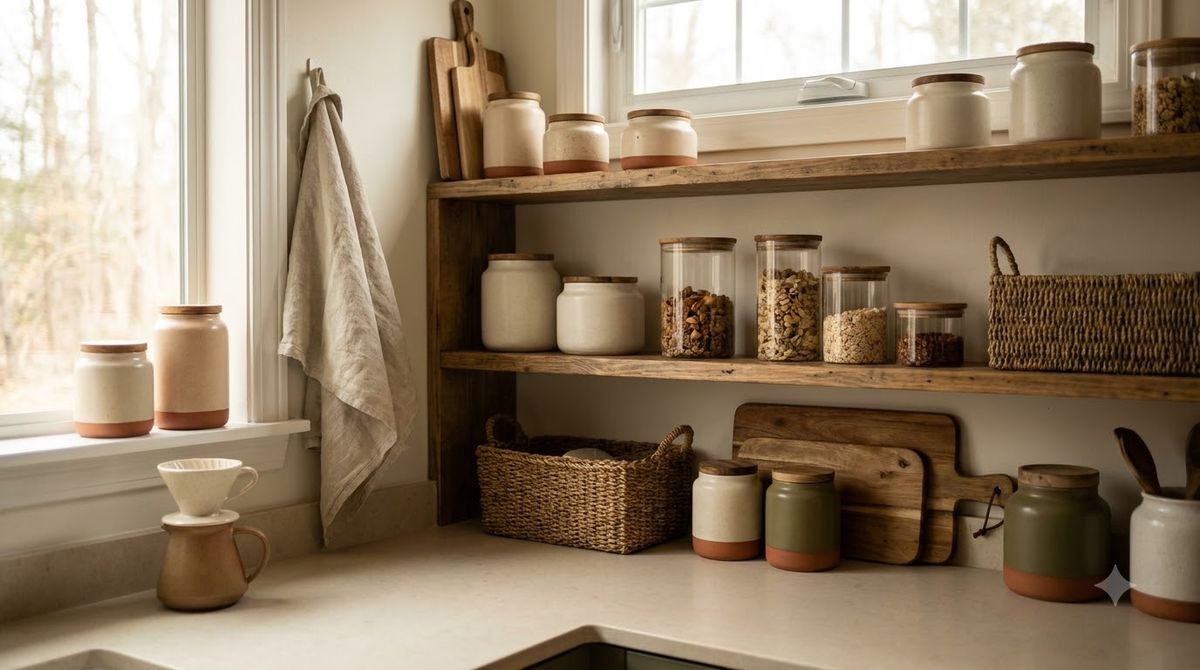 Organized under-sink cabinet with two-tier pull-out bins and a tension-rod spray bottle bar