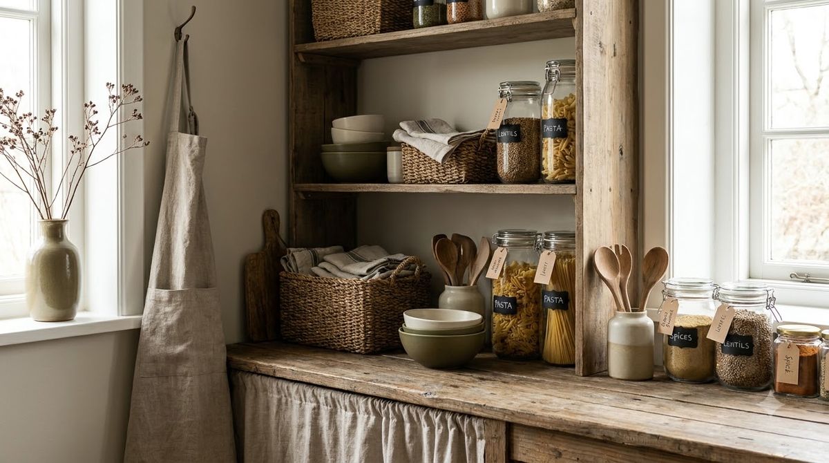 Under-sink cabinet with a tension rod holding spray bottles above pull-out bins Under-sink cabinet with a tension rod holding spray bottles above pull-out bins