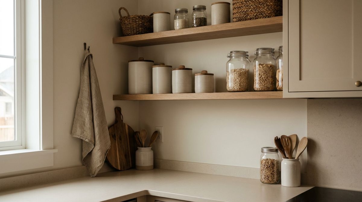 Clean minimal kitchen counter with only a plant and a crock, most of the surface empty
