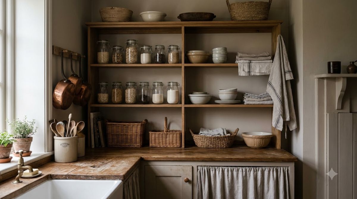 Wooden tray on a kitchen counter holding olive oil, salt cellar, and a pepper grinder grouped neatly