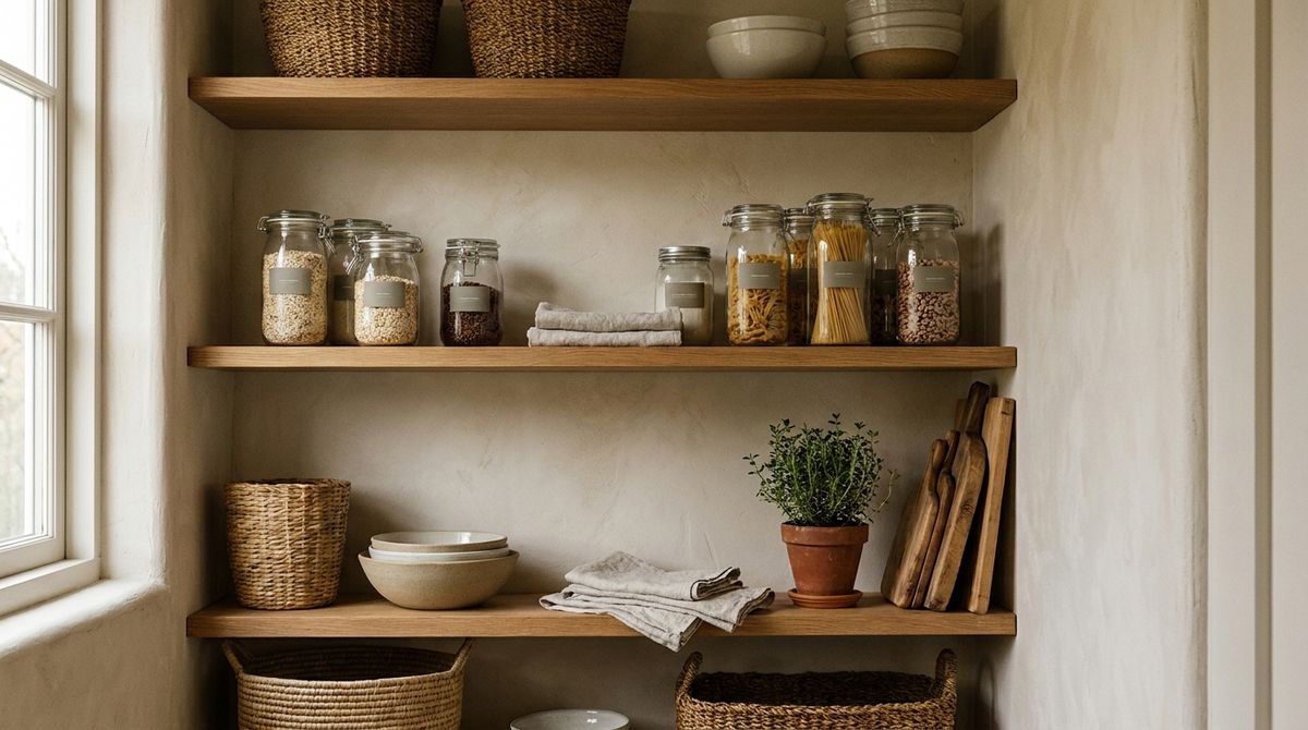 Kitchen counter styled with a leaning wood cutting board, a ceramic utensil crock, and a small potted herb