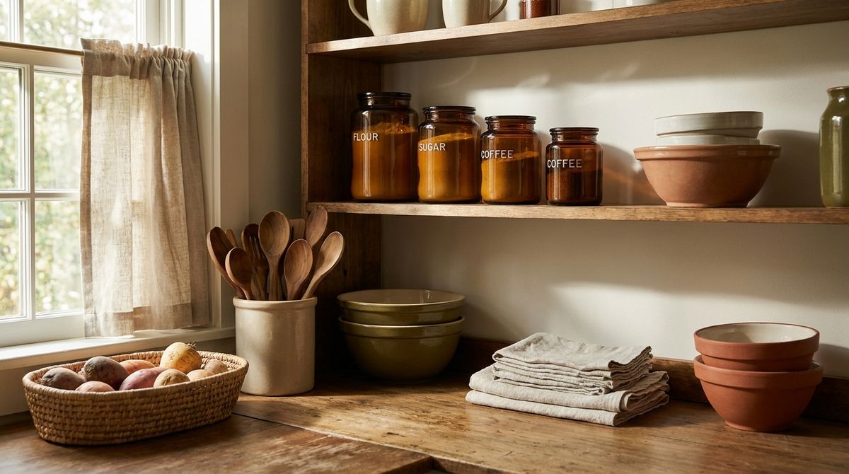 Pantry contents emptied onto a kitchen counter sorted into keep, donate, and toss piles