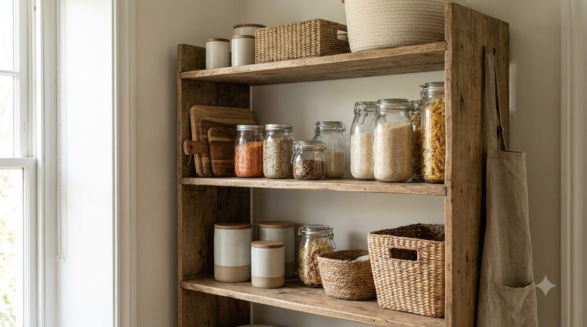 Organized pantry shelves grouped into labeled zones for baking, snacks, and canned goods