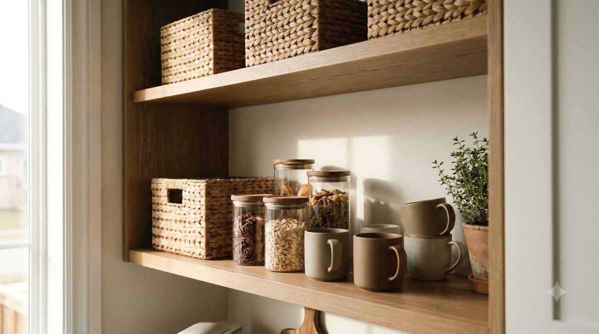 Slim rolling cart used as a pantry tucked into a narrow kitchen gap with clear containers