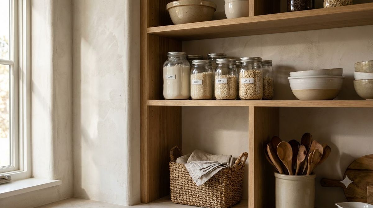 Kitchen cabinet emptied with dishes and food grouped by category on the counter