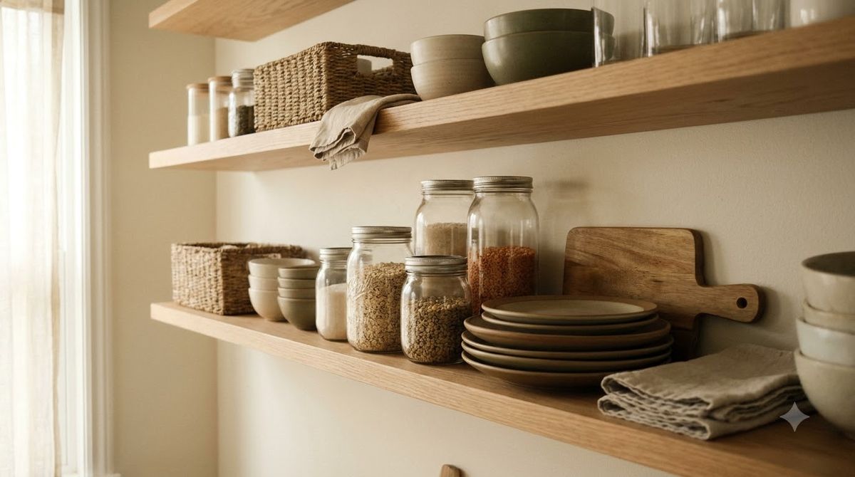 Kitchen counter with items sorted into keep, donate, and relocate piles during a declutter