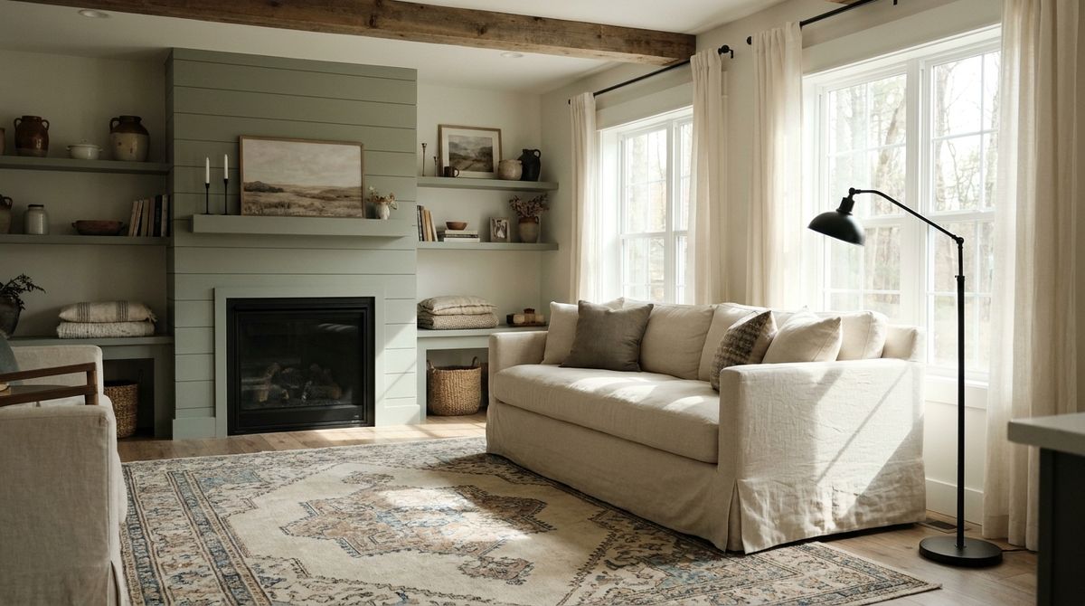 A modern farmhouse dining room with a white shiplap accent wall, rattan pendant lights, and a solid oak table surrounded by mixed wood and linen upholstered chairs A modern farmhouse dining room with a white shiplap accent wall, rattan pendant lights, and a solid oak table surrounded by mixed wood and linen upholstered chairs