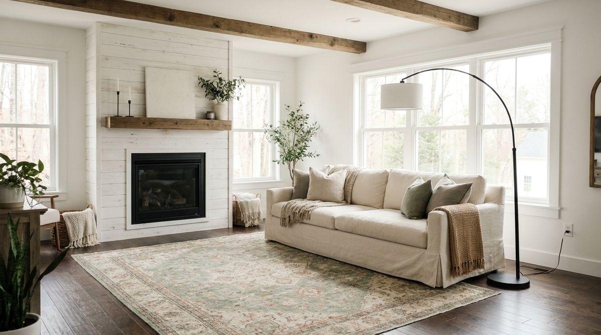 Modern farmhouse living room styled correctly versus an overcrowded, sign-heavy version side by side Modern farmhouse living room styled correctly versus an overcrowded, sign-heavy version side by side