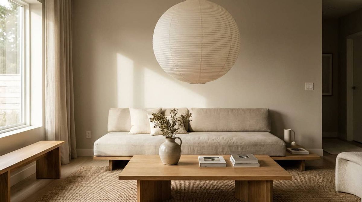 Japandi reading nook 2700K warm lighting