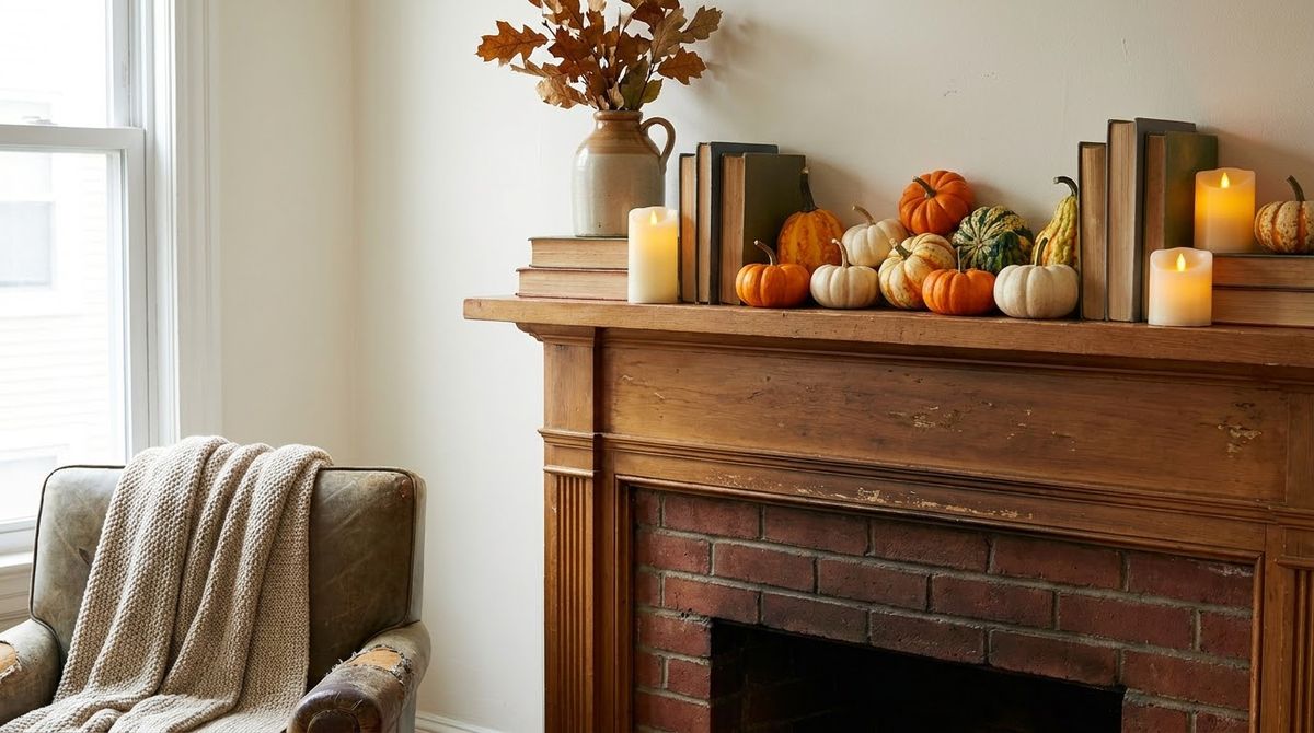 Real Mini Pumpkins and Gourds: fall mantel decor idea Real Mini Pumpkins and Gourds: fall mantel decor idea