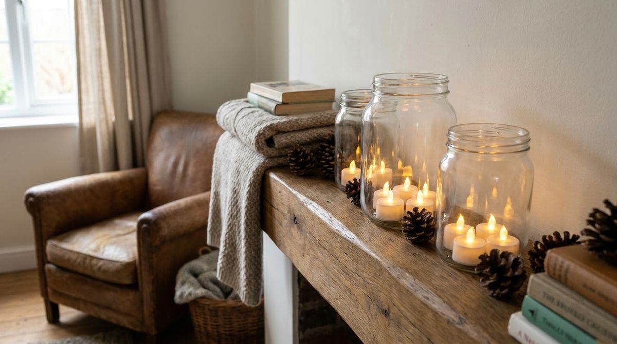 LED Tea Lights in Glass Jars: fall mantel decor idea LED Tea Lights in Glass Jars: fall mantel decor idea